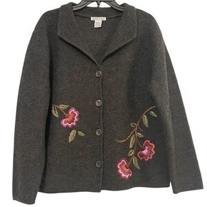 Vintage 90s Eagle’s Eye 100% Wool Gray Embroidered Floral Button Cardigan, Large